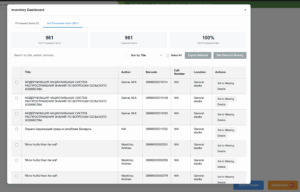 Inventory dashboard, showing figures for Not processed items, Expected items and Not processed rate. Underneath is a search bar and a list of titles, with author, barcode, call number and location information, and an "Actions" column. The actions available are Set to missing; and Details.
