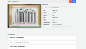 Image of barcode with details from the corresponding bibliographic record under the heading "Latest scan". Below is a list of "Previous scans" with titles and item barcode.