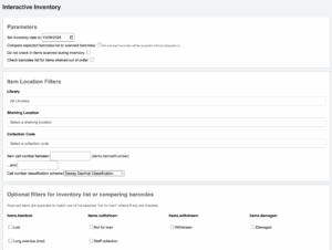 Interactive inventory form showing sections for parameters, item location filters and optional filters for inventory list or comparing barcodes.