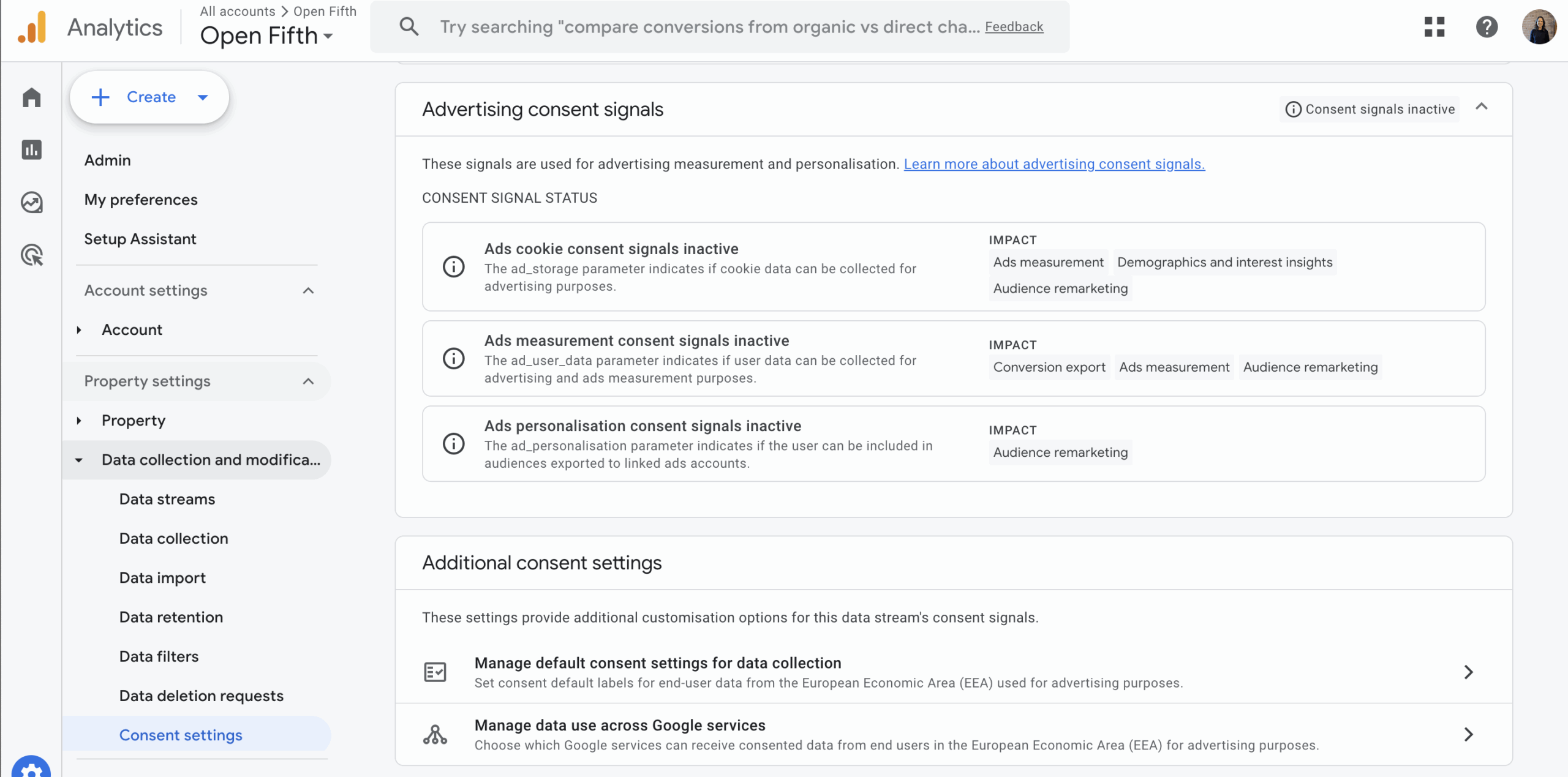 Screenshot of Google Analytics - Consent settings