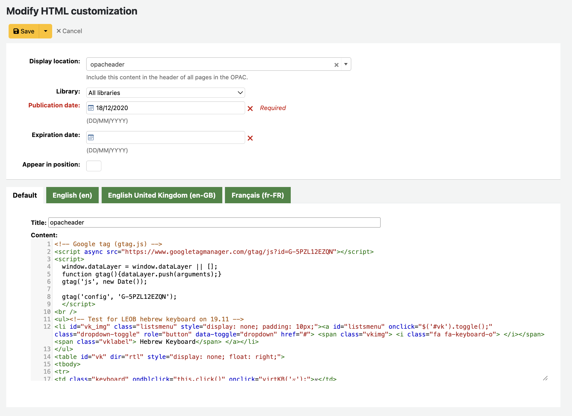 Screenshot of Koha staff interface - Modify HTML customization - Text editor