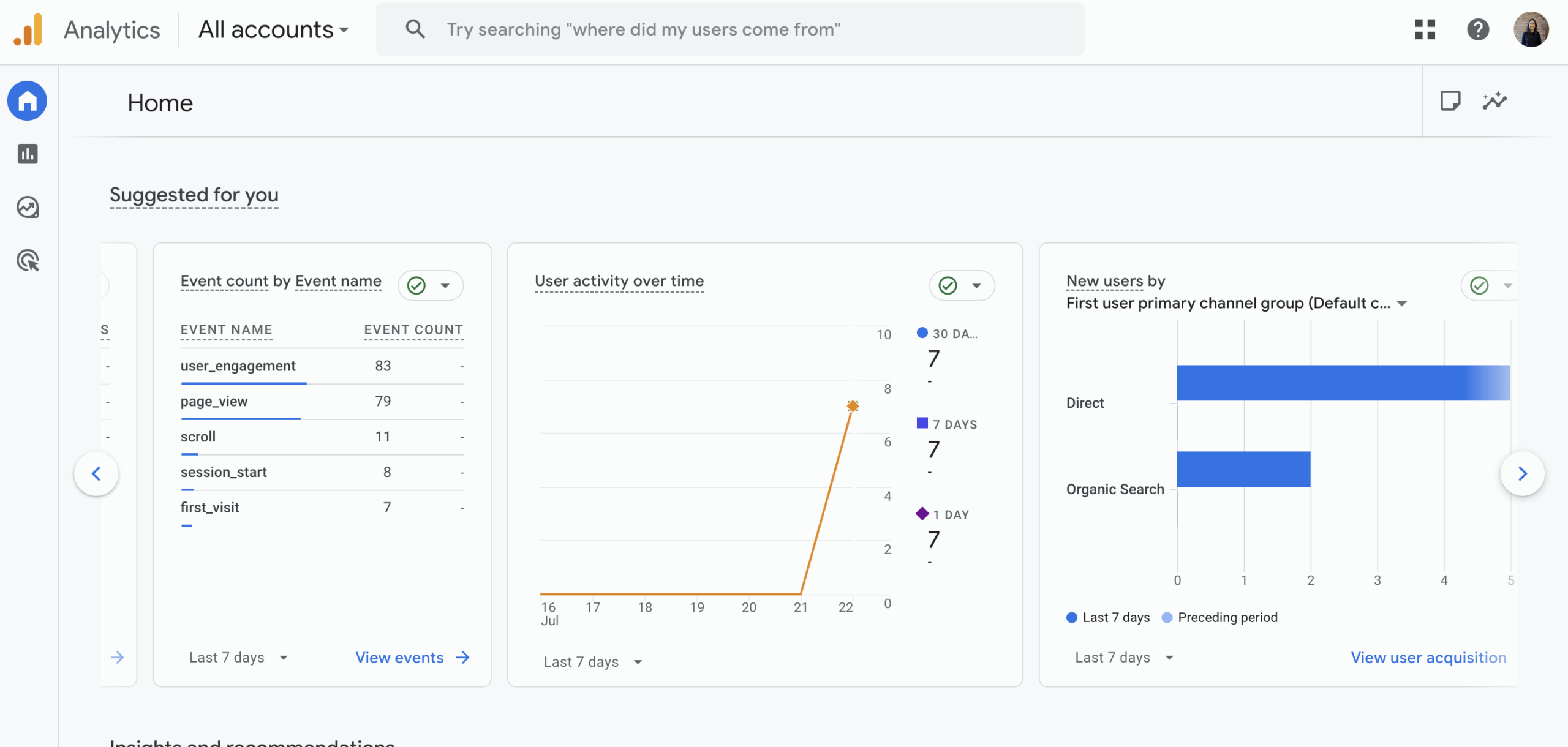 Screenshot of Google Analytics - Suggested for you section (2)