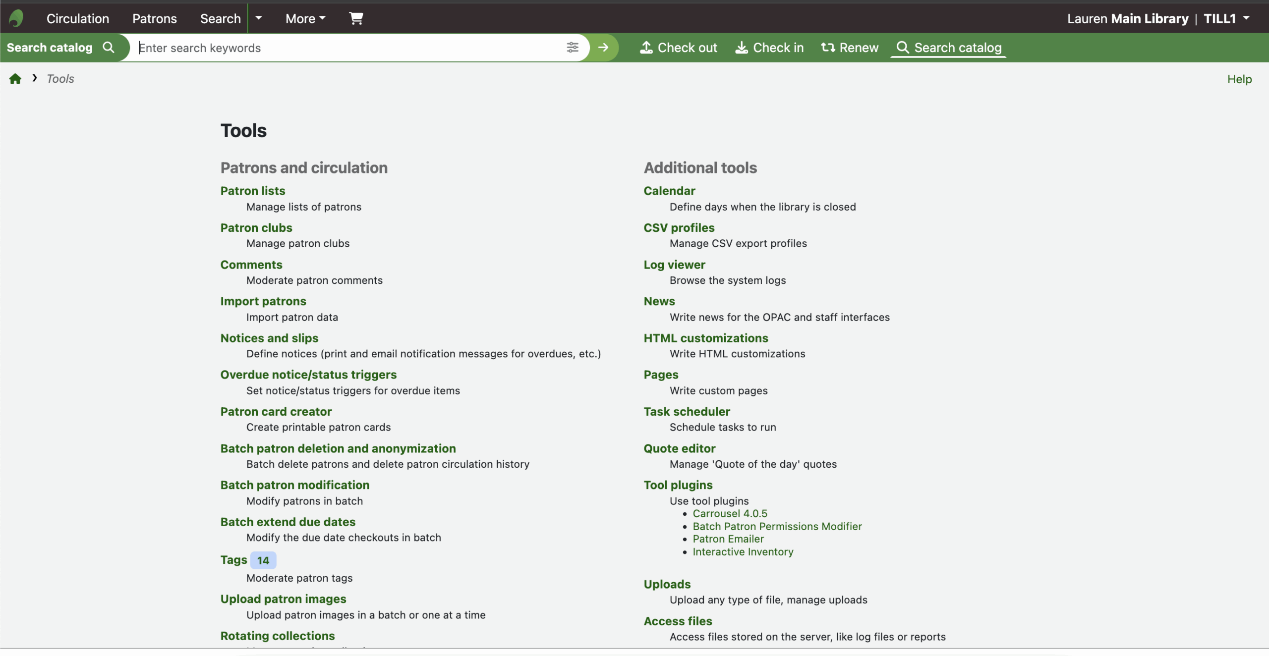 Screenshot of Koha staff interface - Tools