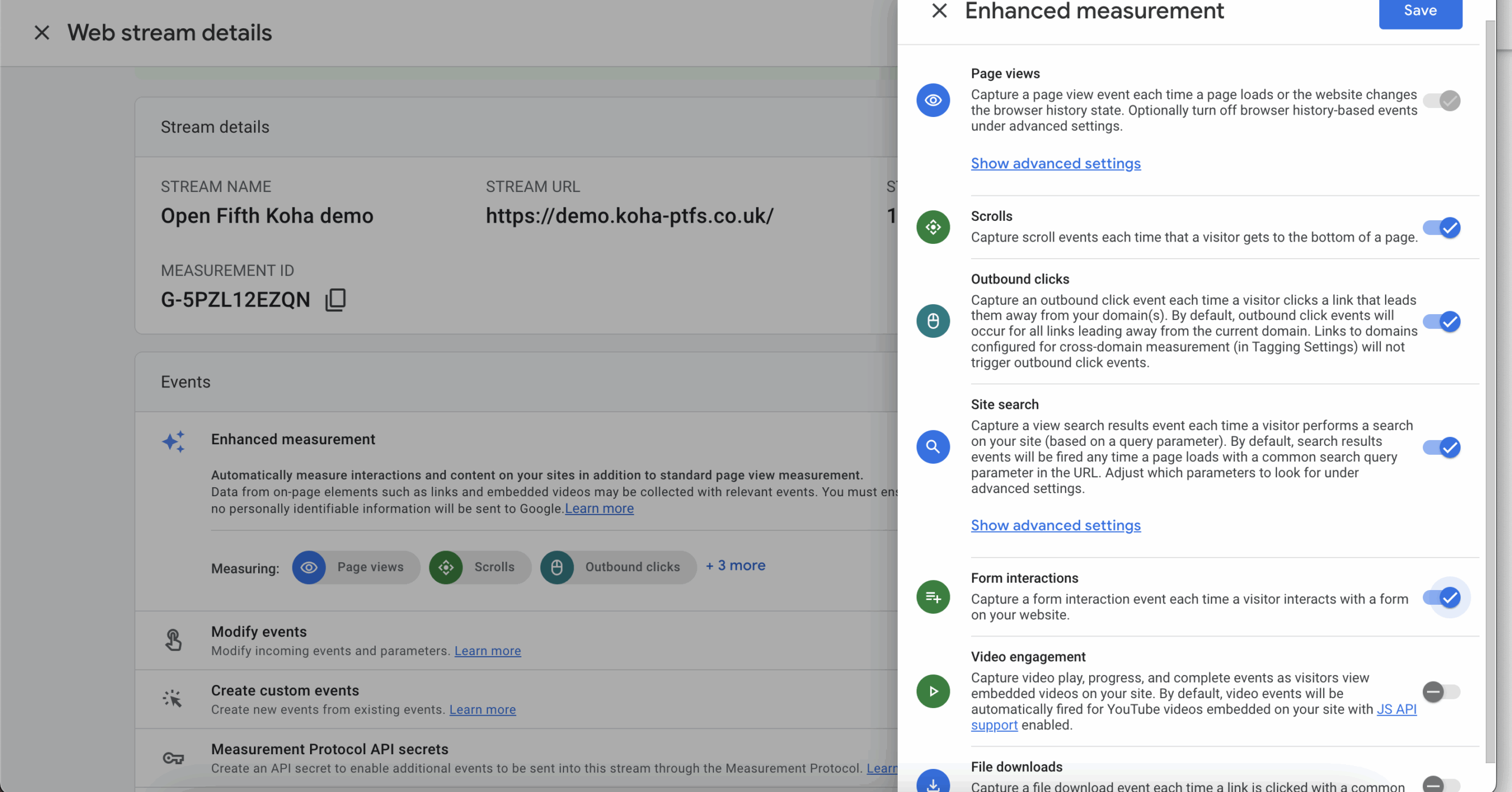Google Analytics screenshot - Settings, enhanced