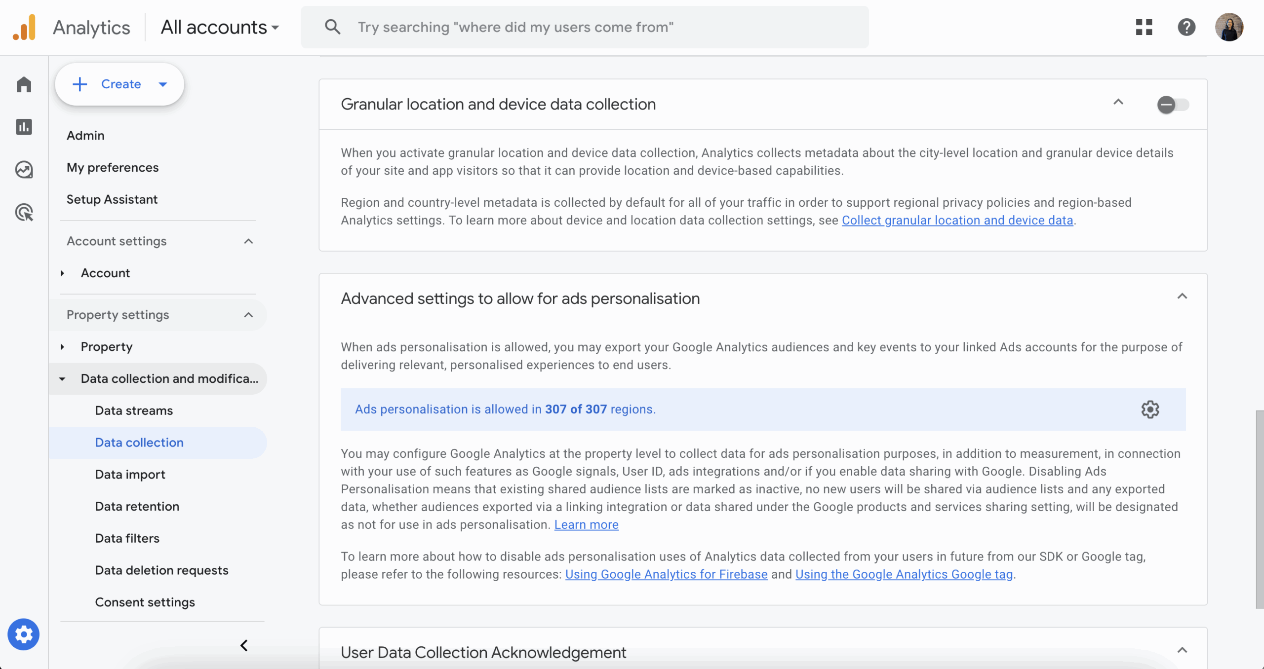 Google Analytics screenshot - Settings - Location