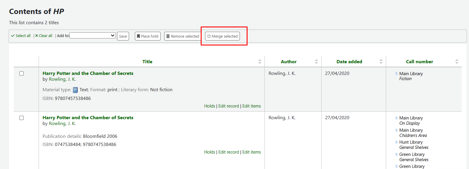 Koha screenshot - Merge item