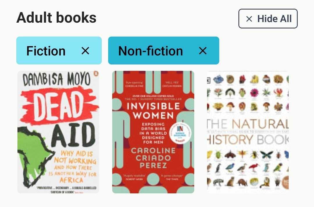 Under the Adult books category name, two buttons show above the book cover images: Fiction and Non-fiction. The second button has a darker shade of blue.