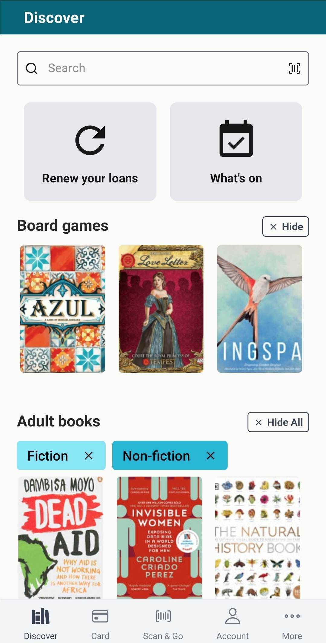 On the Aspen-LiDA app homepage, between the search bar and the browse categories, there are two square tiles. One is labelled "Renew your loans" and the other "What's on".