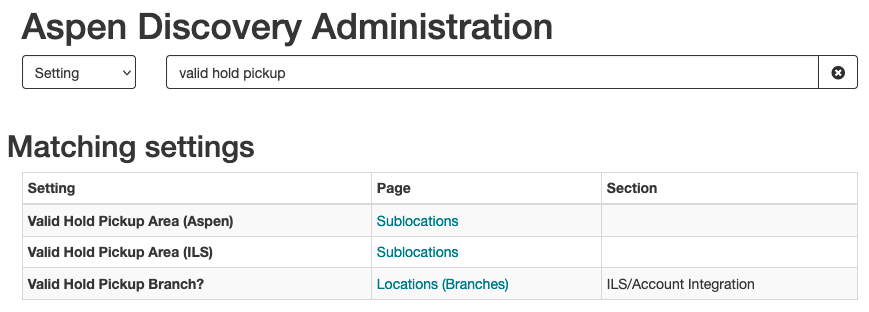 The Setting search type is selected, and the search box has the keywords "valid hold pickup". Under the heading "Matching settings:, three results are displayed in a table. The table shows the setting name, page and section.